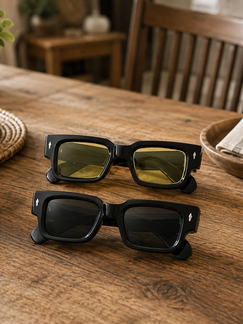 Sun Glasses Dark Brown Frames- Dark Smoke Lens and Light yellow Lens.